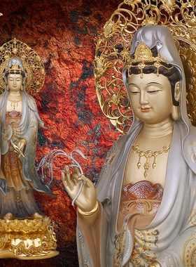 观音佛像观世音菩萨家用款供奉南海普陀山铜像东来紫西方三圣摆件