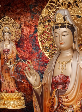 观音佛像观世音菩萨家用款供奉南海普陀山铜像东来紫西方三圣摆件