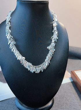 26新款时尚雅白银色叶子流苏项链女银色亮片流苏锁骨链高级感配饰