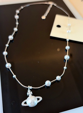 简约珍珠星球吊坠项链女气质轻奢锁骨链银色金属链条颈链