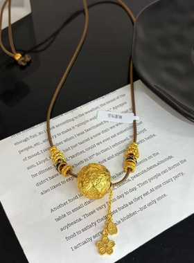 新中式金色龙纹吊坠项链女古法沙金繁花似锦百合花流苏锁包项链