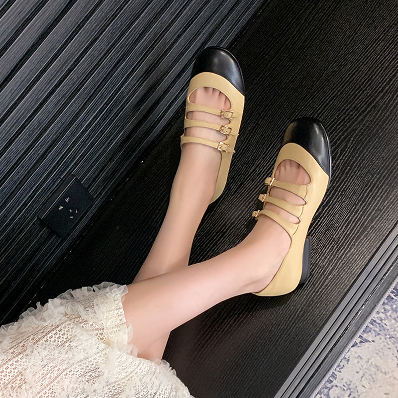 ZMMSTLYE芭蕾舞鞋女拼色真皮小香风浅口单鞋女复古圆头可爱平底鞋 - 图2