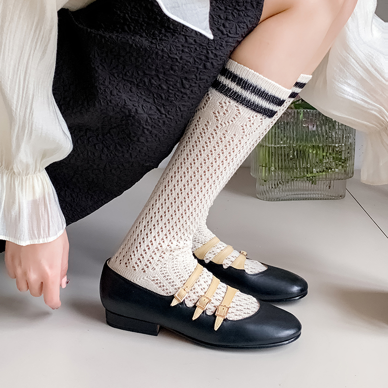 ZMMSTLYE芭蕾舞鞋女拼色真皮小香风浅口单鞋女复古圆头可爱平底鞋 - 图0