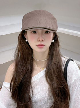 日系麻料纯色前进帽女春夏出游百搭遮阳防晒鸭舌帽时尚显脸小贝雷