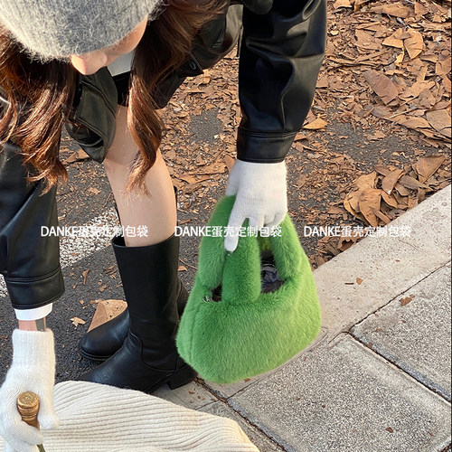 韩国ins同款毛毛包包女秋冬 仿貂毛可爱毛绒手提水桶包毛茸茸手拎 - 图0