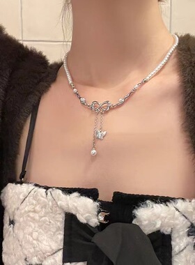 镂空蝴蝶结流苏仿珍珠项链女款轻奢小众设计感气质锁骨链2026新款