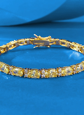 辉之翼珠宝 新款s925银镀金豪镶4*6鸽子蛋黄钻椭圆手链女