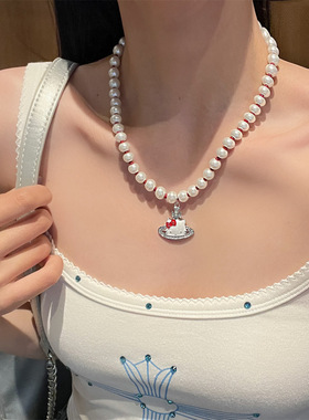 土星珍珠kt猫项链小众设计甜酷辣妹潮男女锁骨链亚文化choker颈链