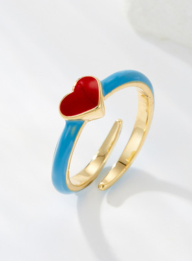 甜美时尚滴油珐琅红色爱心开口戒指小众感独特食指戒爆款戒圈
