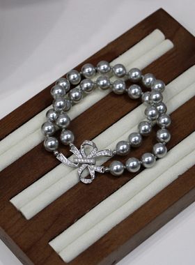 速卖通 闪钻蝴蝶结清冷铂金灰真多麻珍珠项链双层正圆感套装