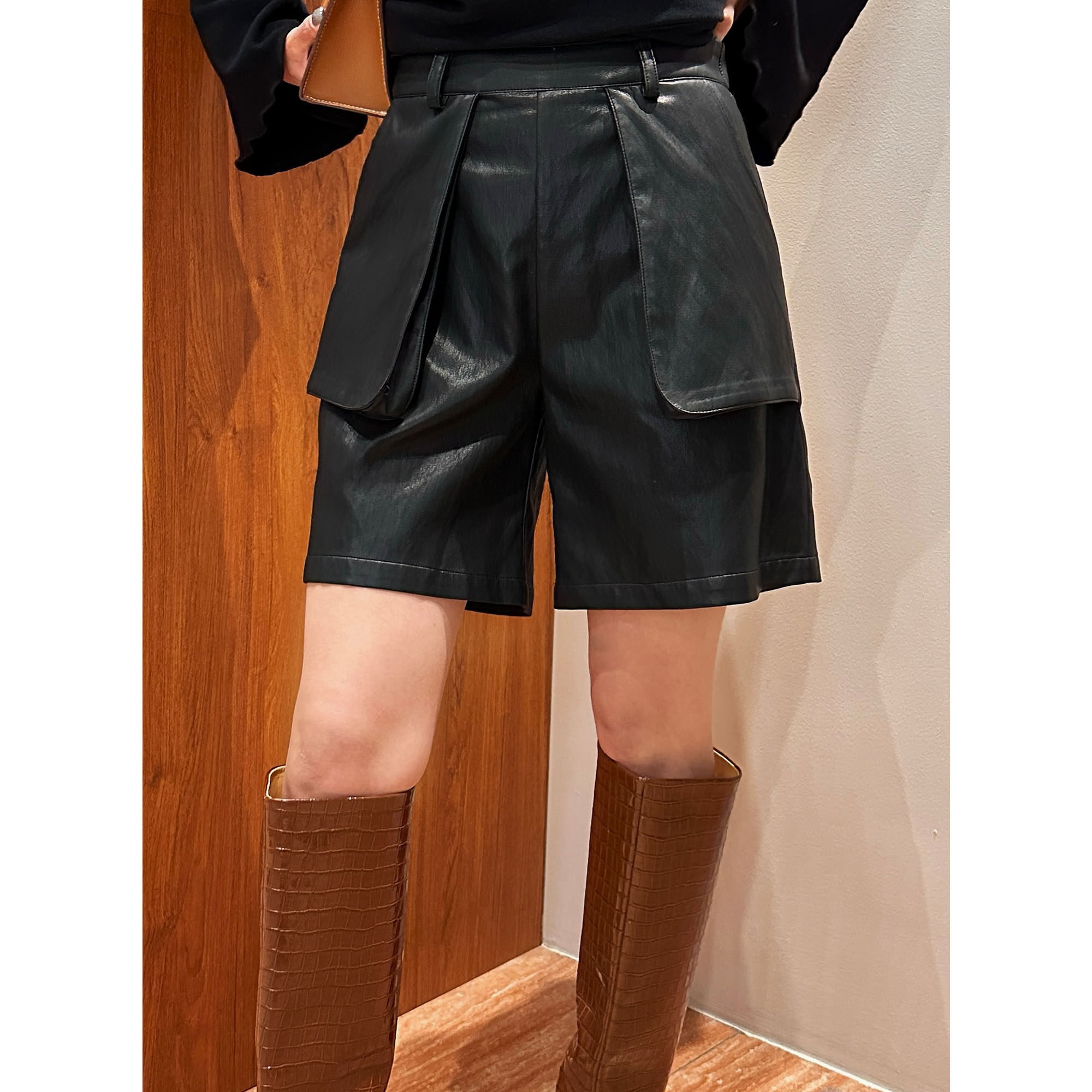 紫紫 双兜廓短裤 超A蛋白皮裤春秋显瘦皮短裤外穿显瘦黑短裤子女,淘宝优惠券,粉丝福利购,淘宝优惠卷