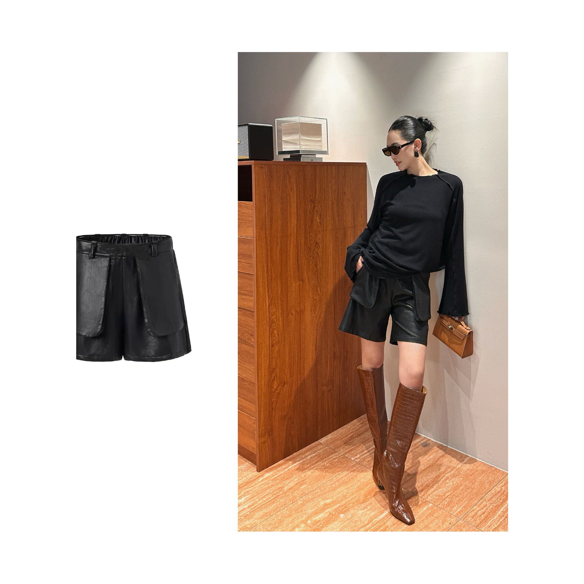 紫紫 双兜廓短裤 超A蛋白皮裤春秋显瘦皮短裤外穿显瘦黑短裤子女,淘宝优惠券,粉丝福利购,淘宝优惠卷