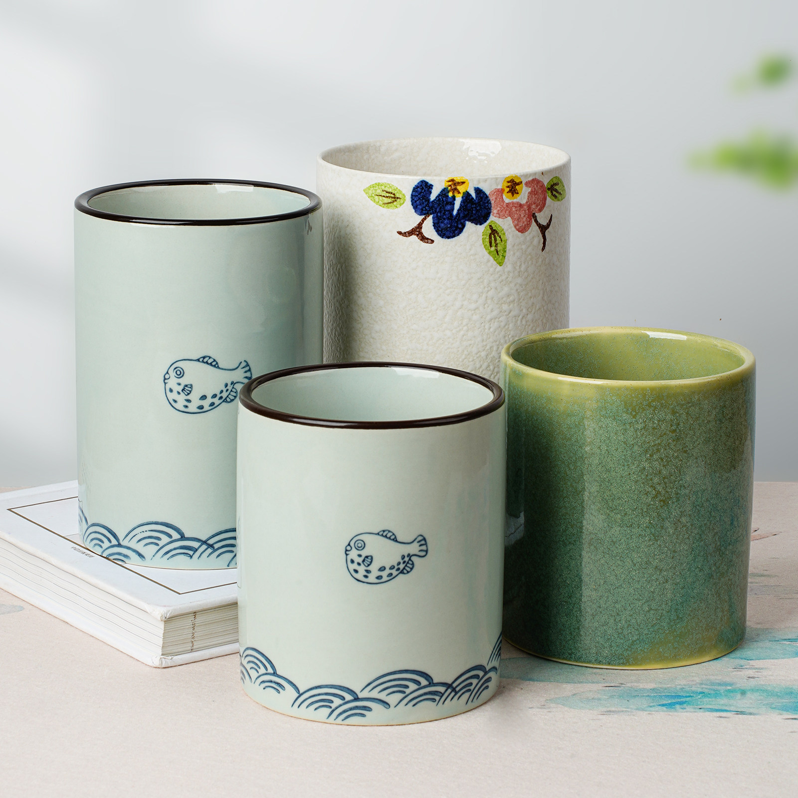 毛笔笔筒陶瓷创意可爱多功能中国风复古笔盒桌面收纳大容量毛笔筒,淘宝优惠券,粉丝福利购,淘宝优惠卷