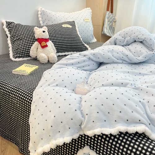 少女心秋冬保暖牛奶绒四件套波点撞色简约珊瑚绒床单被套2.0床品 - 图0