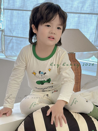 怒推～韩版儿童纯棉保暖睡衣秋冬男女童莱卡家居服秋衣秋裤两件套 - 图1