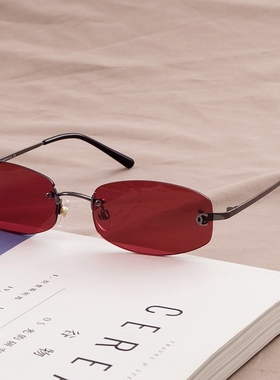 JENNIE直播同款墨镜女蓝色欧美风小框无框太阳眼镜时尚INS中古 轻