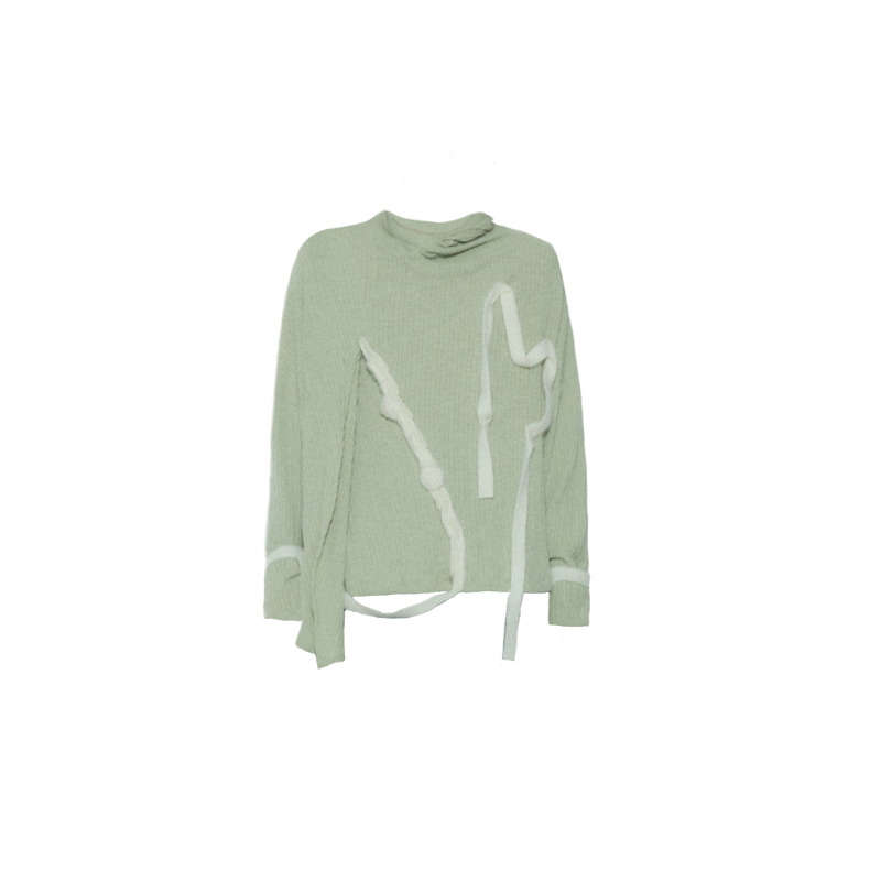 今日艺术家原创豆绿色堆堆领立体绒条毛衣上衣 - 图3