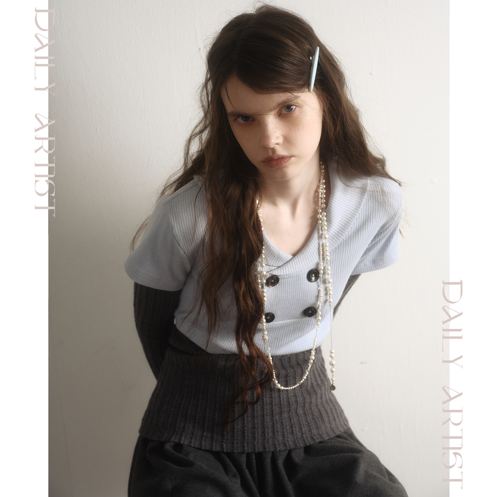 今日艺术家原创蓝灰色假两件复古海军领学院风针织衫上衣 - 图2