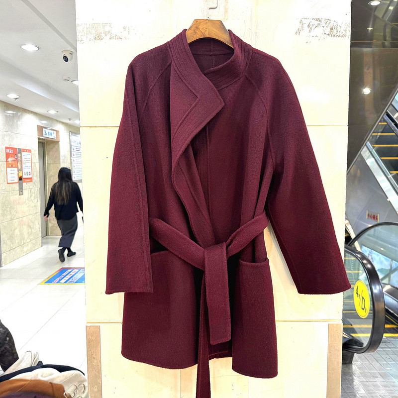 JM-556 时尚翻领系带收腰无扣洋气小个中长双面羊绒呢大衣欧货冬,淘宝优惠券,粉丝福利购,淘宝优惠卷