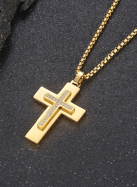 Men cross chain necklace golden hiphop silvery rhinestone