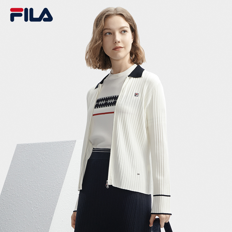 FILA 斐乐官方女士编织外套2024春新款基础简约休闲翻领毛衣开衫 - 图1