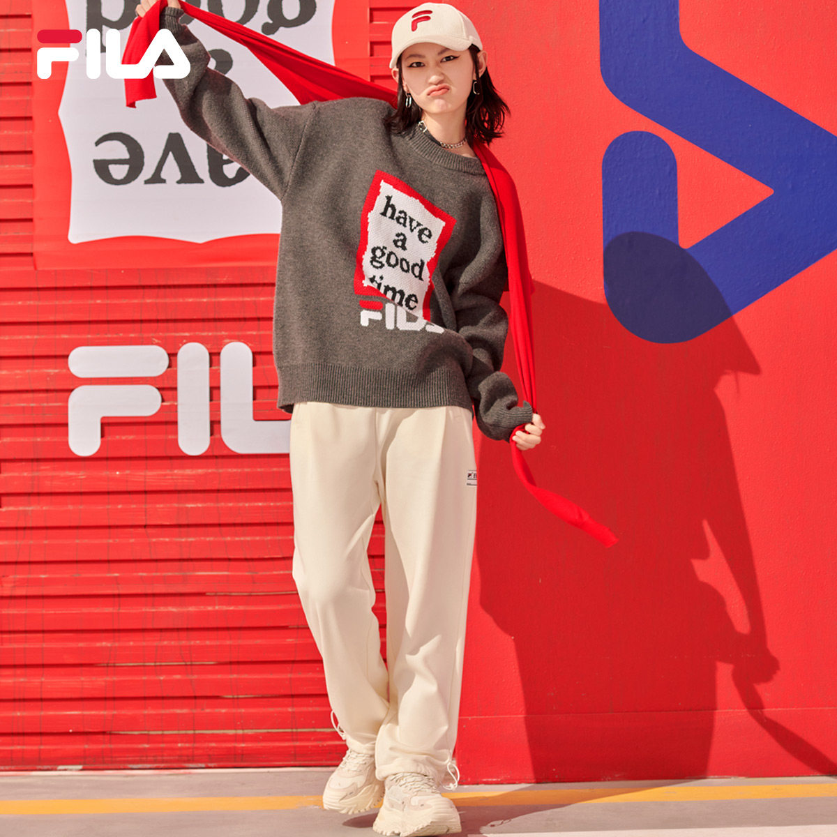 fila官方针织2021冬春新款多彩女裤 FILA运动长裤