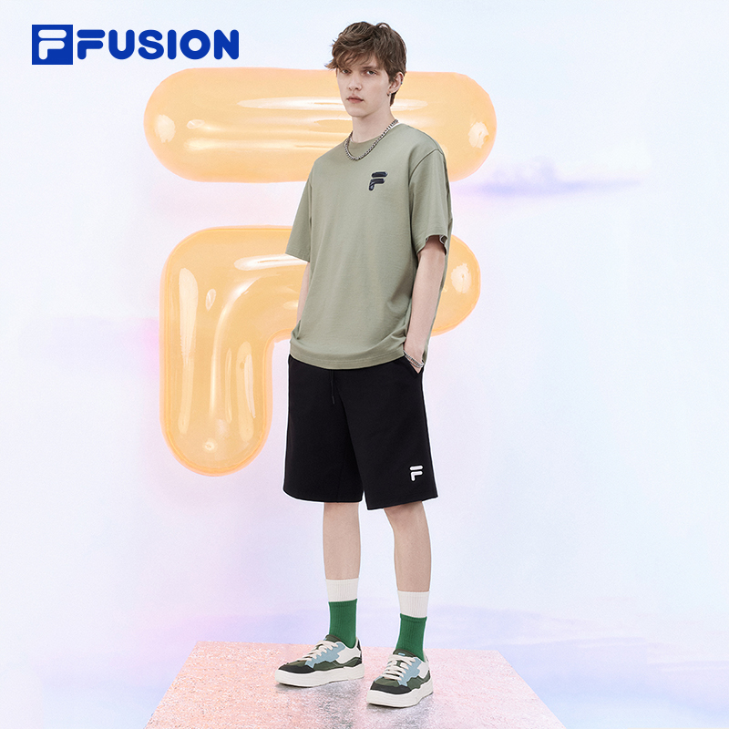 FILA FUSION斐乐潮牌情侣款针织短袖T男2024夏新款多彩纯棉T恤女