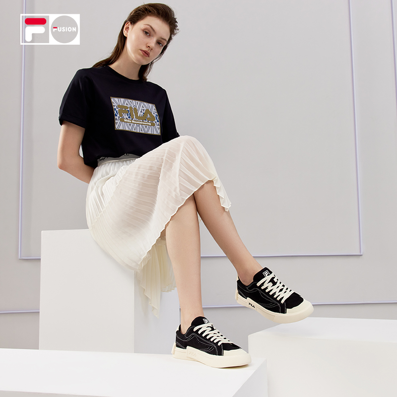 FILA FUSION斐乐POP潮牌帆布鞋男夏季新款运动黑色休闲低帮板鞋女