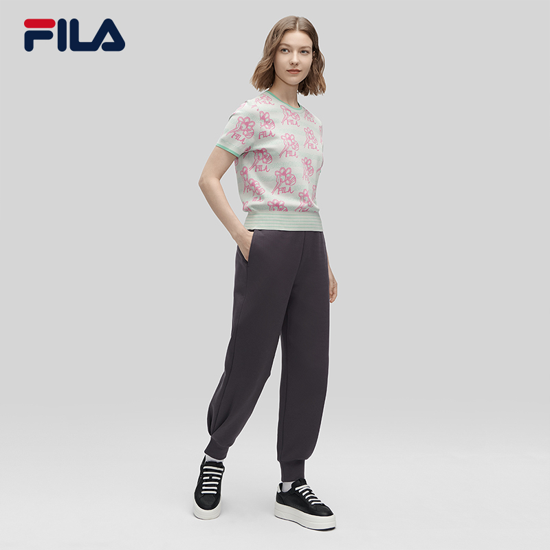 FILA Emerald斐乐女子编织衫2024春新款时尚休闲花朵图案短袖上衣-图2