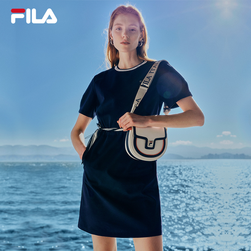 FILA Emerald斐乐女子针织连衣裙2024夏季新款领口撞色休闲收腰裙-图0