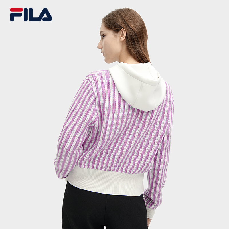 FILA 斐乐官方女士编织外套2024春季新款时尚休闲V领双色毛衣开衫 - 图0