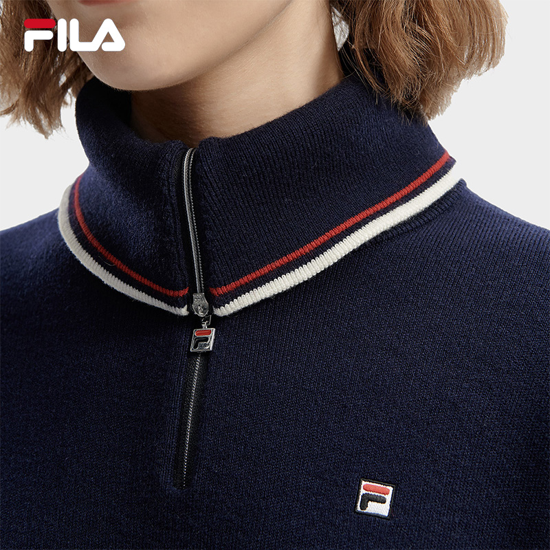 FILA 斐乐官方女子编织衫2024春新款时尚舒适休闲条纹大翻领毛衣 - 图3