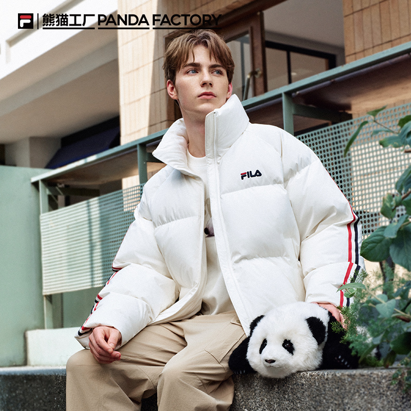 FILA斐乐情侣羽绒服男2025冬新款熊猫印花休闲宽松保暖立领外套女