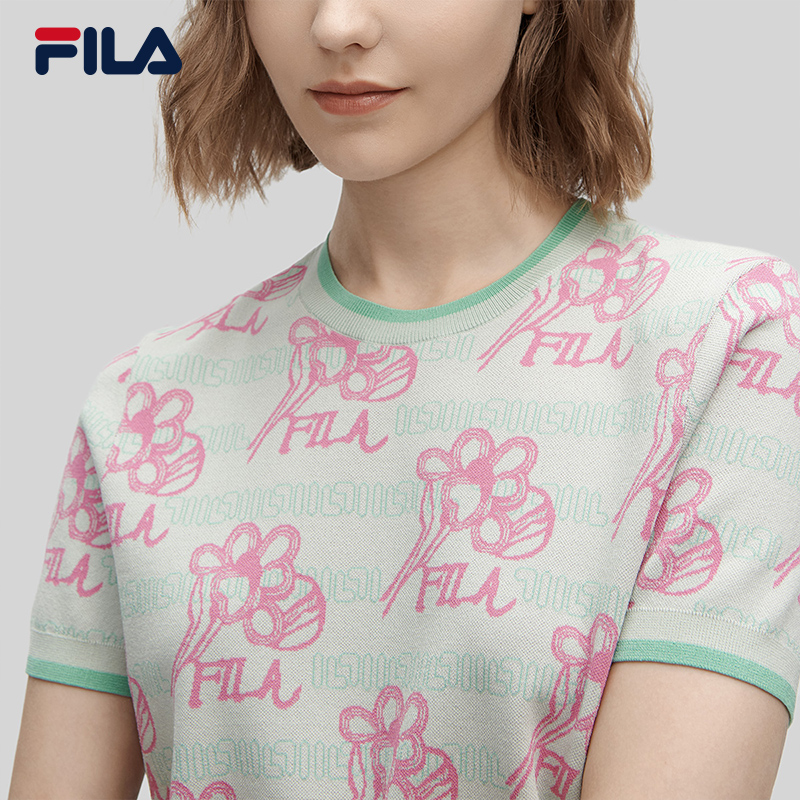 FILA Emerald斐乐女子编织衫2024春新款时尚休闲花朵图案短袖上衣-图3