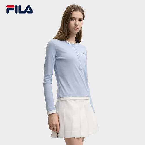 FILA 斐乐官方长袖T恤女2025冬新款拼色假两件休闲修身打底亨利衫 - 图1