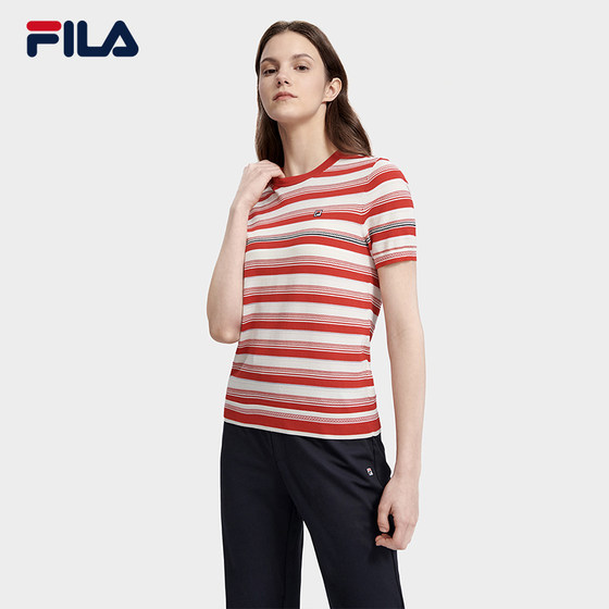 FILA Fila official women's knitted shirt 2023 summer new casual round neck short-sleeved striped knitted top