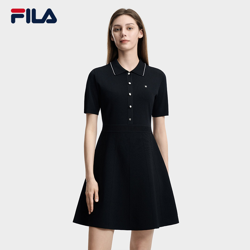 FILA斐乐官方女子编织连衣裙2026夏新款简约POLO领修身收腰连身裙