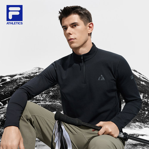 加绒|黄景瑜同款FILA斐乐长袖T恤男2025冬新款户外半拉链打底上衣 - 图3