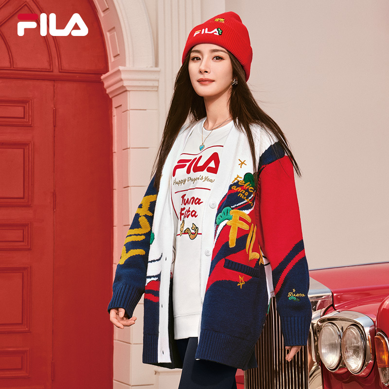 【杨幂同款】FILA 斐乐官方龘龘龙新年款女编织外套2024开衫毛衣