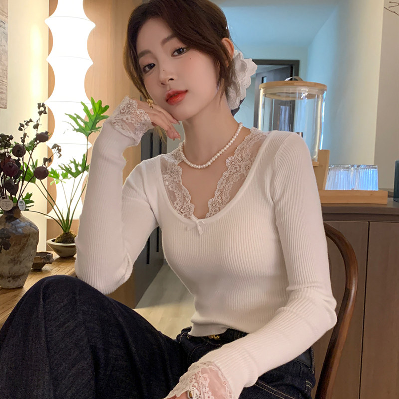 黄色低圆领蕾丝边针织打底衫女内搭2025春秋季新款设计感毛衣上衣,淘宝优惠券,粉丝福利购,淘宝优惠卷