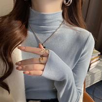 Blue High Collar Bottom Jersey Woman 2024 New Autumn Winter Advanced Sensation Heaps Heaps Neckline With a Velvet Thickened Dush Blouse