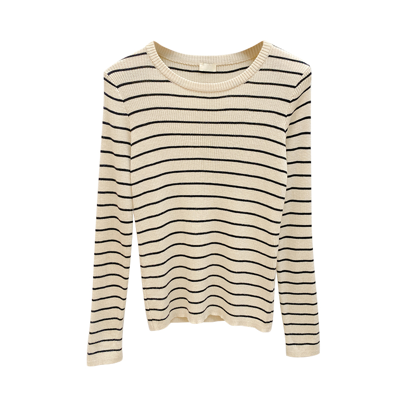 圆领条纹羊毛针织打底衫女爆款2025新款内搭冬季修身上衣低领毛衣 - 图3