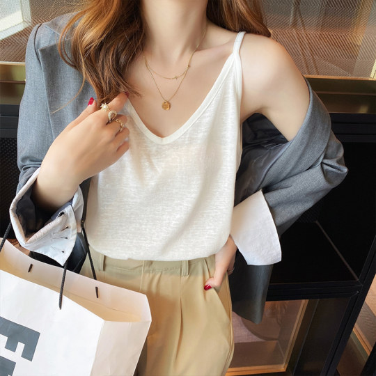 白色V领吊带女内搭2025夏新款宽松遮肚子棉麻上衣打底外穿小背心