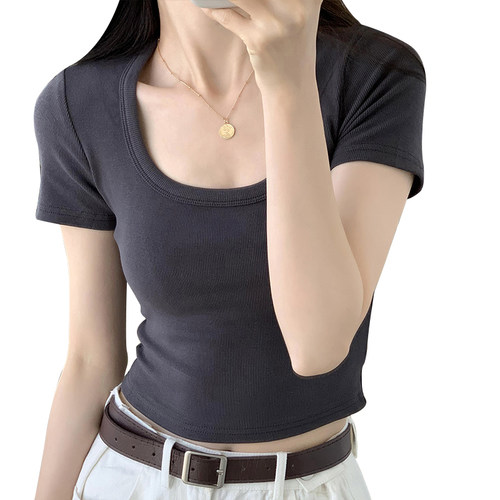 灰色U领短款短袖t恤女2026春夏新款露腰露脐黑色辣妹正肩紧身上衣 - 图3
