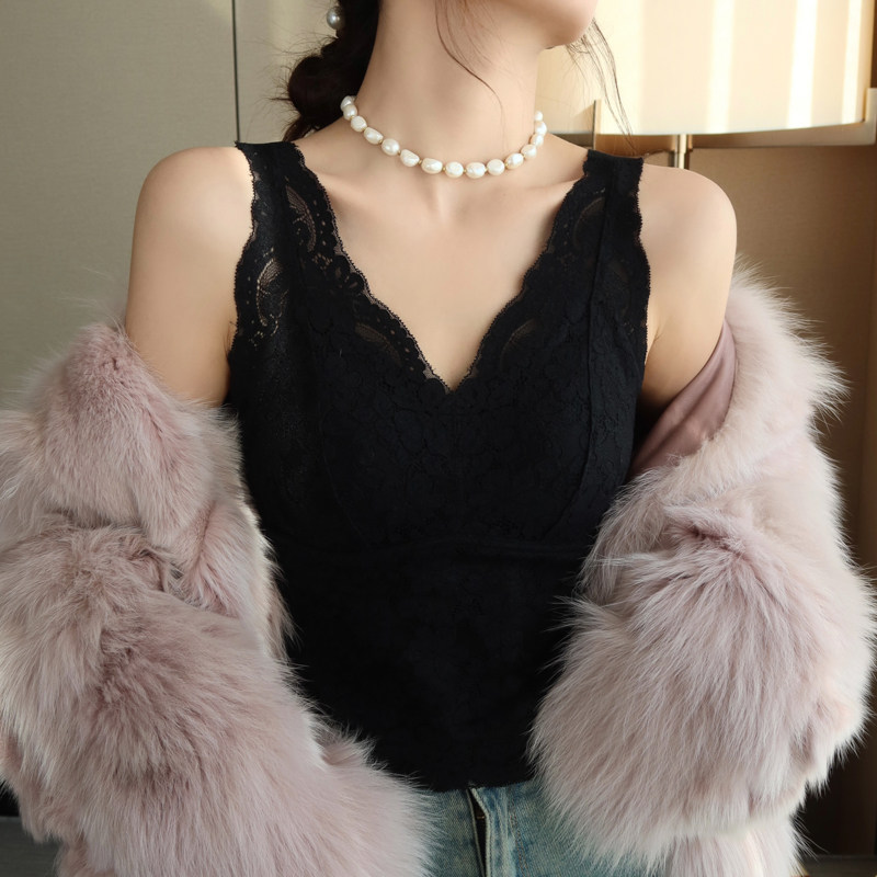 德绒加绒蕾丝吊带背心女2025秋冬新款带胸垫一体内搭打底保暖上衣,淘宝优惠券,粉丝福利购,淘宝优惠卷