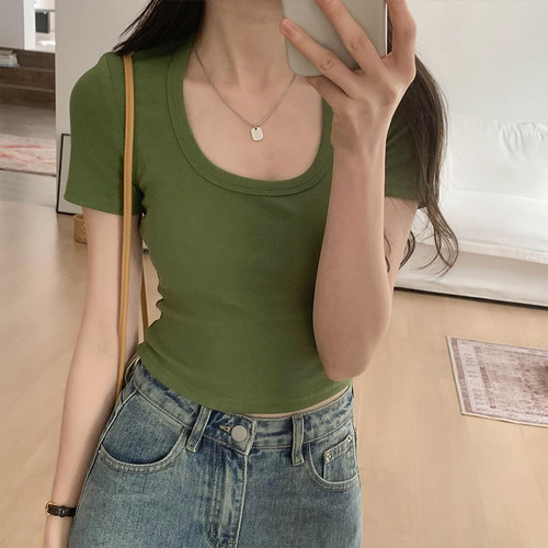 灰色U领短款短袖t恤女2026春夏新款露腰露脐黑色辣妹正肩紧身上衣 - 图1
