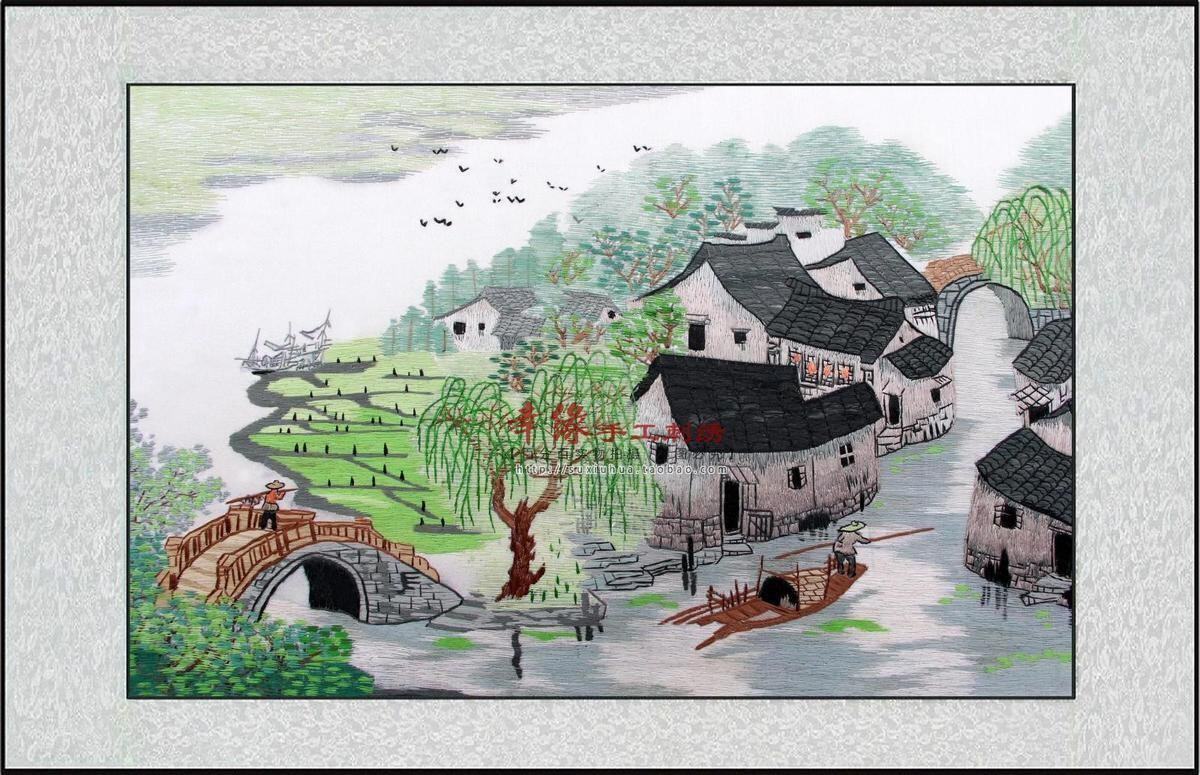 苏绣江南水乡 小桥流水小屋河 纯手工刺绣装饰画 出国送老外礼物
