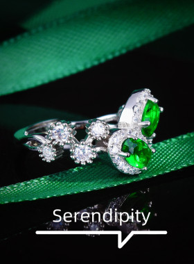 直播福利品彩宝开口戒指 仿真祖母绿双鹅蛋形食指条戒排戒女