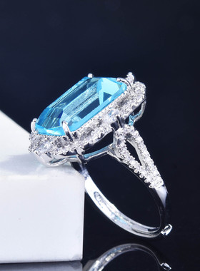 网红直播新品热卖仿真公主方祖母绿切工海蓝宝托帕石彩宝开口戒指