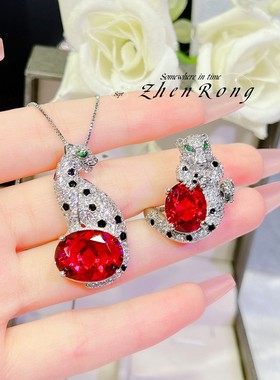 时尚轻奢高级感豹子锆石耳钉气质豹头吊坠项链猎豹戒指彩宝套装女